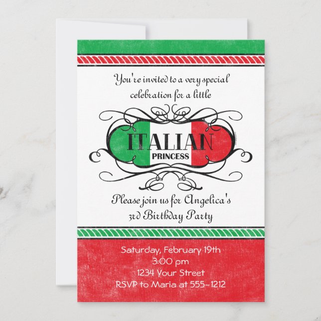 Invitación Princesa italiana Party Invitation (Anverso)