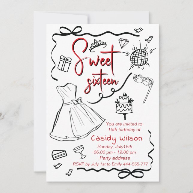 Invitación princesa juguetona dibujada a mano dulce 16 (Anverso)