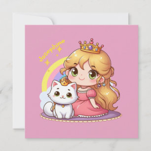 Invitación Princesa linda personalizable con gato blanco