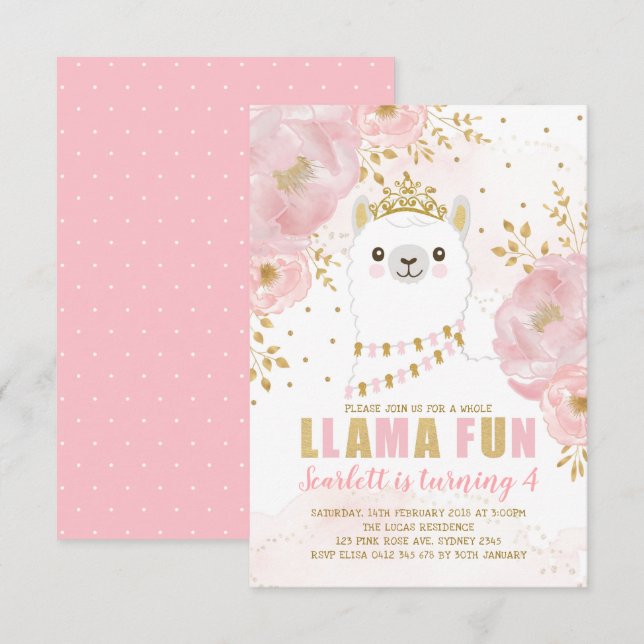 Invitación Princesa Llama Cumpleaños / Fiesta Pink Gold Fiest (Anverso / Reverso)