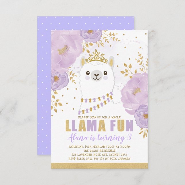 Invitación Princesa Llama Cumpleaños / Purple Gold Fiesta Fie (Anverso / Reverso)