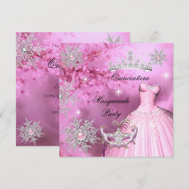 Invitación Princesa Magia Quinceanera Masquerade Pink (Anverso / Reverso)