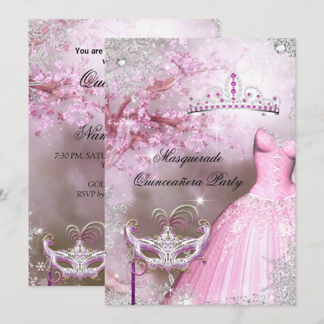 Invitación Princesa Magia Quinceanera Masquerade Pink (Anverso / Reverso)
