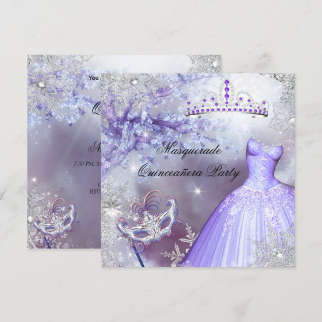 Invitación Princesa Magia Quinceanera Masquerade Purple (Anverso / Reverso)