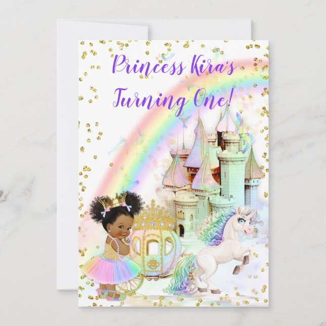 Invitación Princesa Mágica del Arcoíris Castillo Carruaje Uni (Anverso)