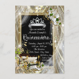 Invitación Princesa Mágica Negra y Dorada Quinceañera
