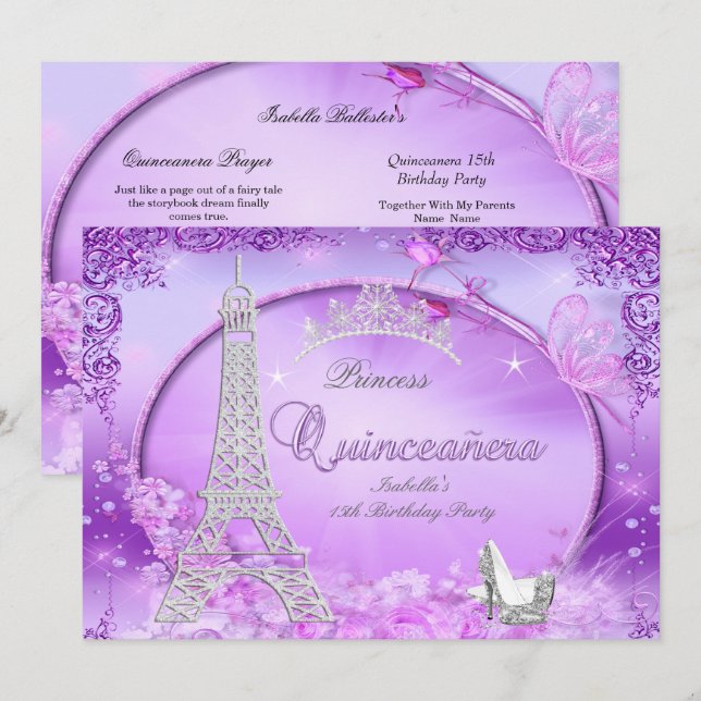 Invitación Princesa Mágica Quinceanera Altos talones Púrpura (Anverso / Reverso)