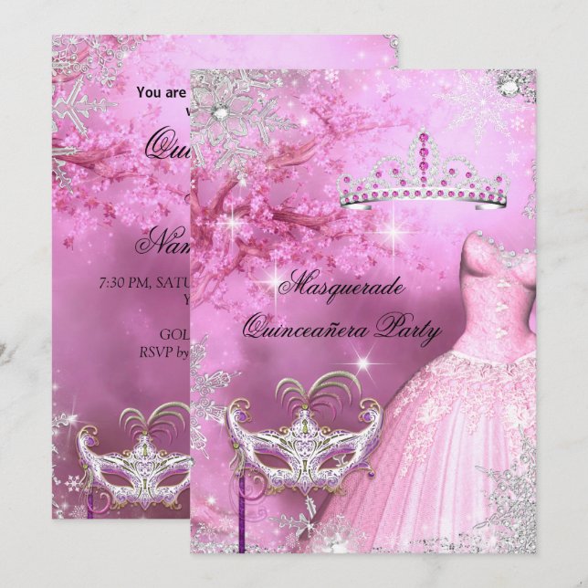 Invitación Princesa mágica Quinceanera Mascarada Rosa 2 (Anverso / Reverso)