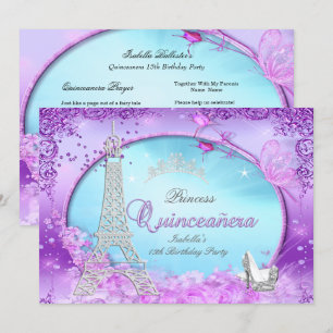 Invitación Princesa Mágica Quinceañera Púrpura Turquesa Azul