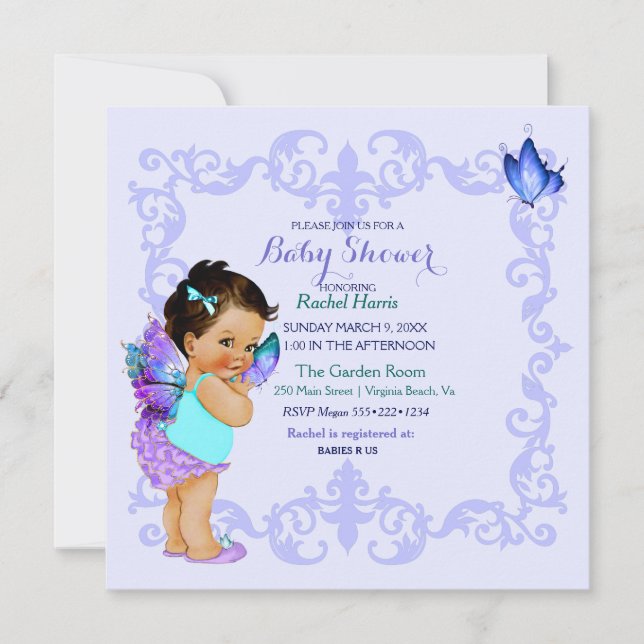 Invitación Princesa Mariposa Bebé Niña Lavanda (Anverso)