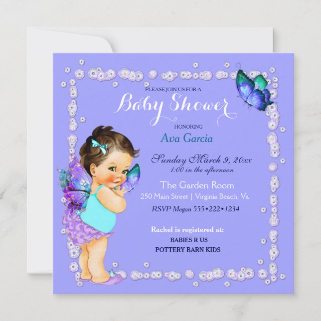 Invitación Princesa Mariposa Bebé Niña Lavanda (Anverso)