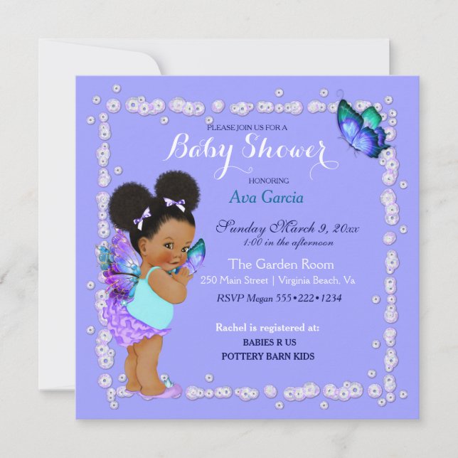Invitación Princesa Mariposa Bebé Niña Lavanda (Anverso)
