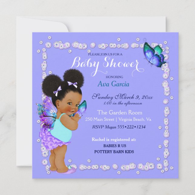 Invitación Princesa Mariposa Bebé Niña Morado Turquesa Invi (Anverso)