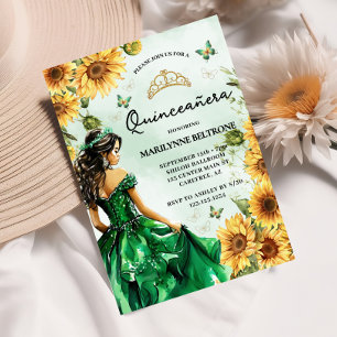 Invitación Princesa Mariposa Girasol Verde Quinceañera