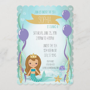Invitación Princesa Marrón de sirena submarina azul