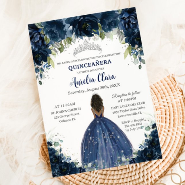 Invitación Princesa marrón floral azul de la Marina de Quince (Subido por el creador)