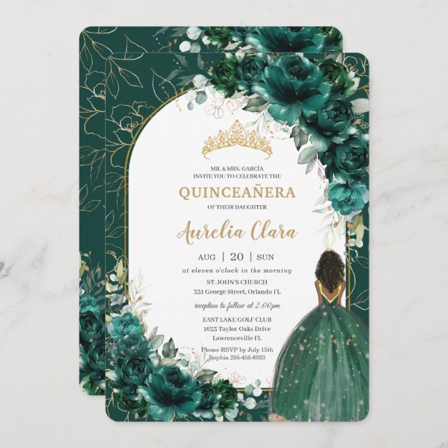Invitación Princesa marrón floral verde esmeralda (Anverso / Reverso)