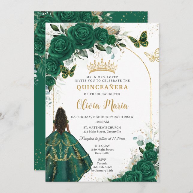 Invitación Princesa marrón floral verde esmeralda (Anverso / Reverso)