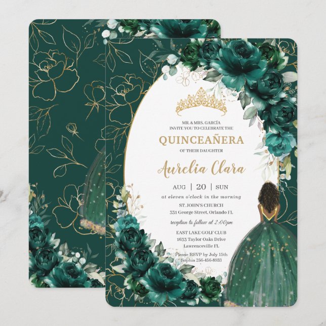 Invitación Princesa marrón floral verde esmeralda (Anverso / Reverso)