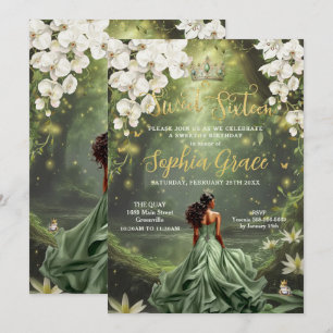 Invitación Princesa marrón y dulce de vestido verde salvia de