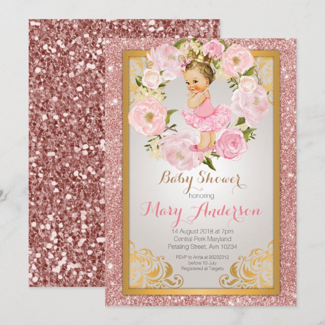 Invitación Princesa mexicana Baby Shower invita a Chica (Anverso / Reverso)