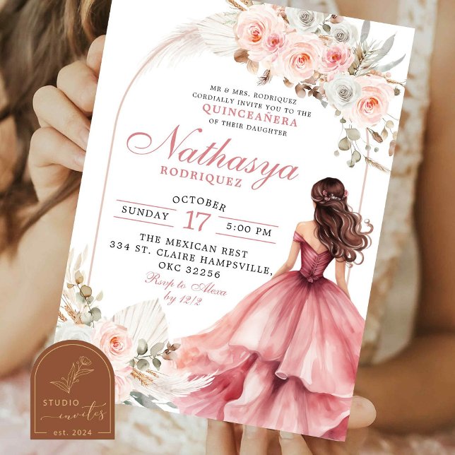 Invitación Princesa mexicana rosa Rubor Quinceanera (Subido por el creador)