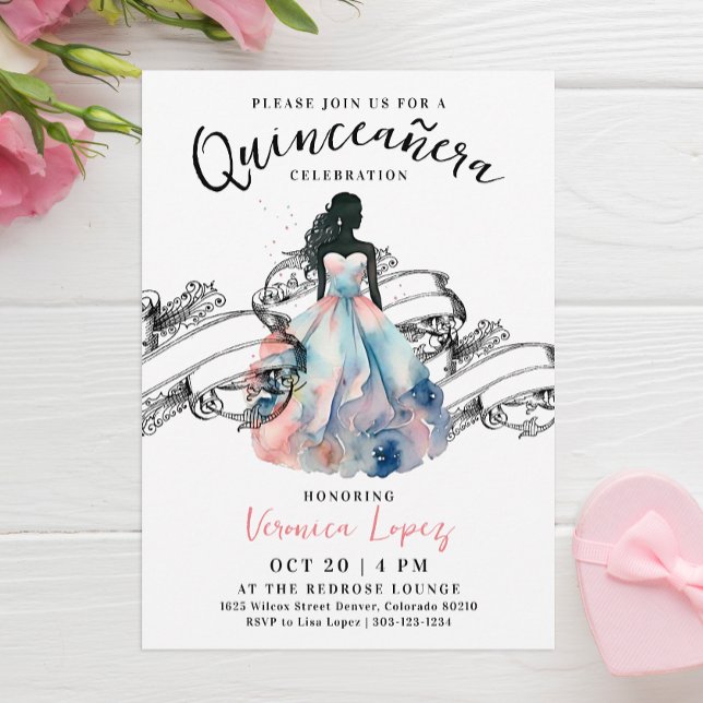 Invitación Princesa Moderna Rosa 15.ª Acuarela Quinceañera (Subido por el creador)