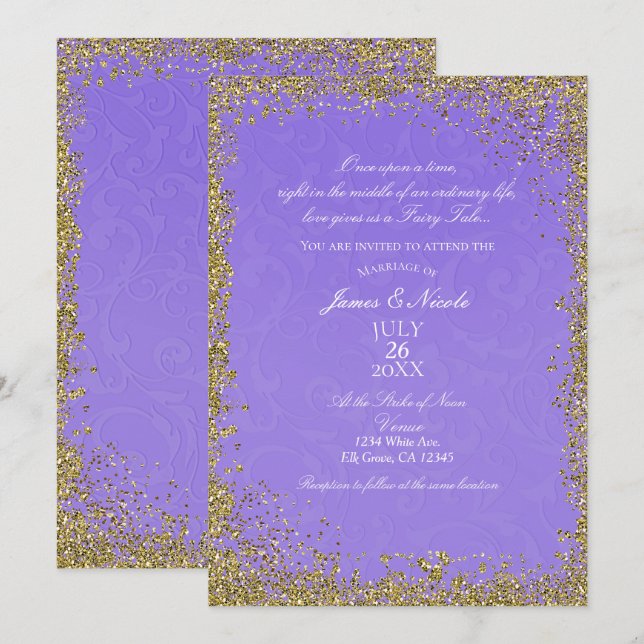 Invitación Princesa Morada Damask Storybook Elegant Wedding (Anverso / Reverso)