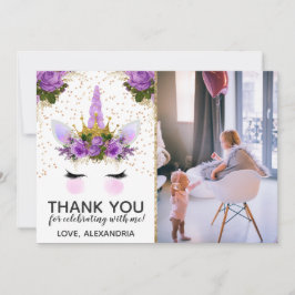 Invitación Princesa morada floral de unicornio gracias