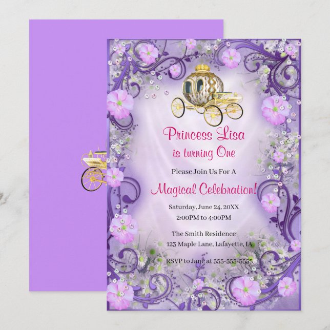 Invitación Princesa morada floral encantada primer cumpleaños (Anverso / Reverso)