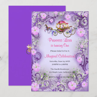 Invitación Princesa Morada Floral Grano de hadas primer cumpl