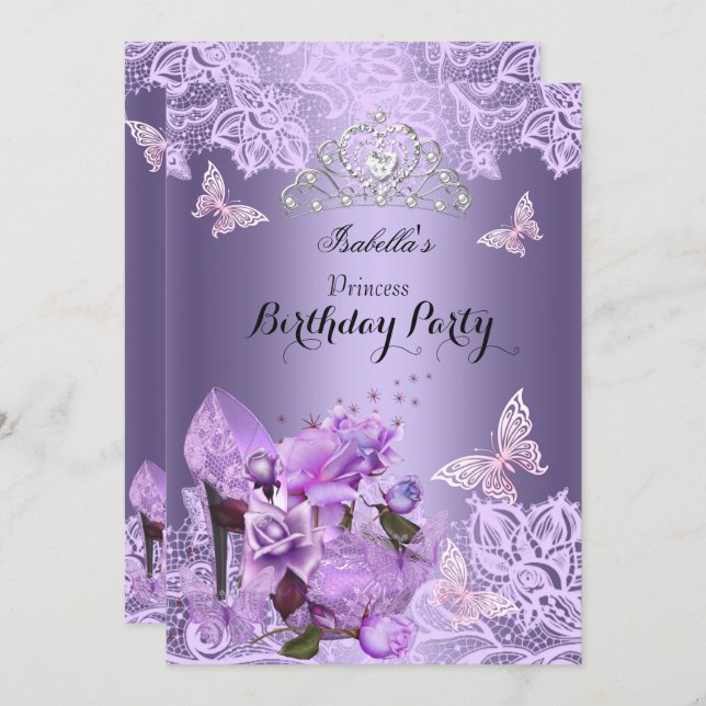 Invitación Princesa Morada Lilac Rosa de talón alto Cumpleaño (Anverso / Reverso)
