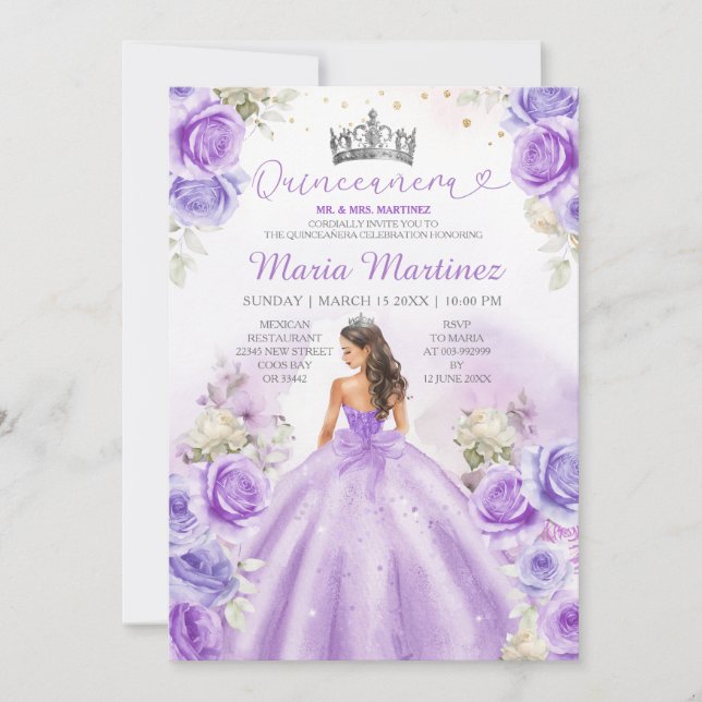 Invitación Princesa Morada Vestida Plata Floral Quinceañera (Anverso)