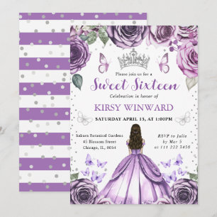 Invitación Princesa Morena con Vestido Morado Cumple Dulces 1