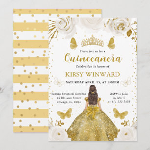 Invitación Princesa Morena de Quinceañera con Vestido Dorado