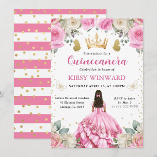 Invitación Princesa Morena de Quinceañera con Vestido Rosa