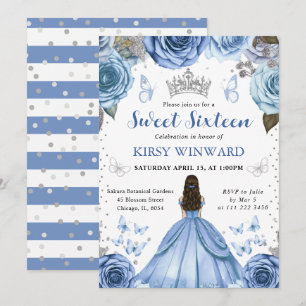Invitación Princesa Morena de Vestido Azul Cumple 16