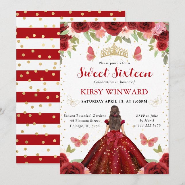 Invitación Princesa Morena de Vestido Rojo Cumple 16 (Anverso / Reverso)