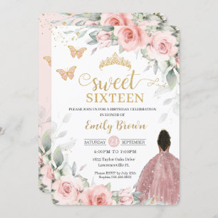 Invitación Princesa morena floral rosa Rubor dulce dieciséis