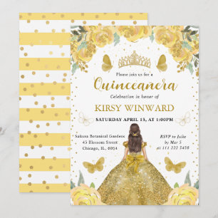 Invitación Princesa Morena Quinceañera con Vestido Dorado