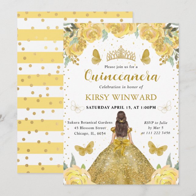 Invitación Princesa Morena Quinceañera con Vestido Dorado (Anverso / Reverso)