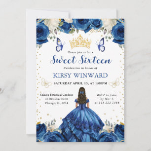 Invitación Princesa Morena Vestido Azul Dulces 16