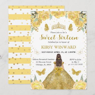 Invitación Princesa Morena Vestido Dorado Dulces 16