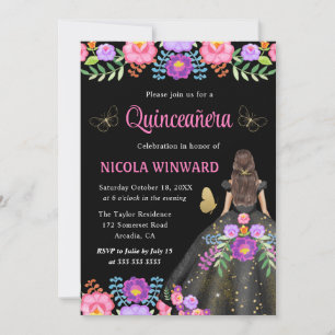 Invitación Princesa Morena Vestido Floral Mexicano Quinceaner