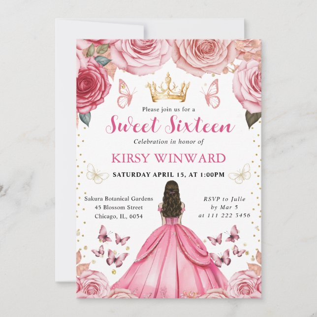 Invitación Princesa Morena Vestido Rosa Cumple Dulces 16 (Anverso)