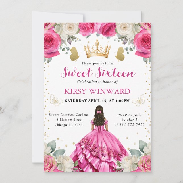 Invitación Princesa Morena Vestido Rosa Dulces 16 (Anverso)