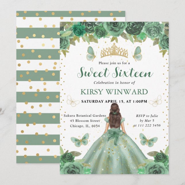 Invitación Princesa Morena Vestido Verde Claro Dulces 16 (Anverso / Reverso)