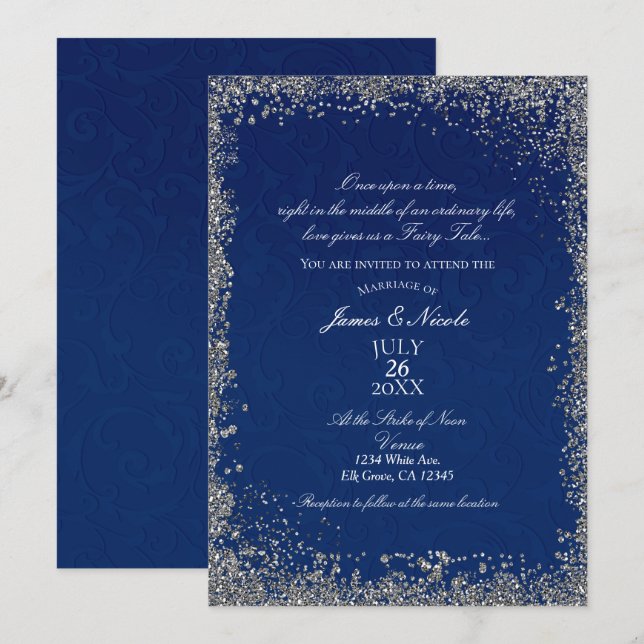 Invitación Princesa Navy Blue Cuento de Hadas de Boda Plata (Anverso / Reverso)
