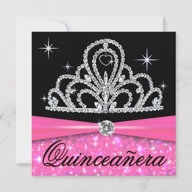 Invitación Princesa negra rosada Tiara Bling de Quinceanera (Anverso)