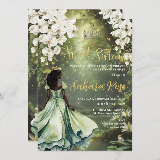 Invitación Princesa Negra y Rana Sage Verde Vestido Dulce 16 (Anverso / Reverso)